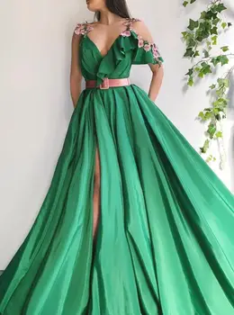 Žalia Musulmonų Vakaro Suknelės-line V-Kaklo Gėlės Dubajus, Saudo arabų Ilgai Oficialų Vakare Gown Prom