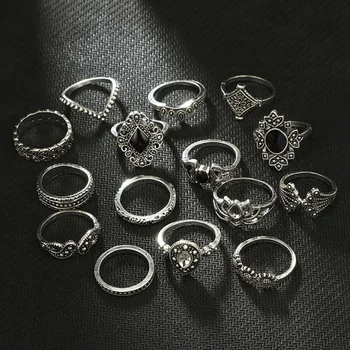 Valentino'day Mados Naujų Lady Retro Boho Stiliaus Tuščiaviduriai Saulėgrąžų Geometrijos Juoda Brangakmenio Žiedas Sidabro Gotikos Crystal Crown Žiedas