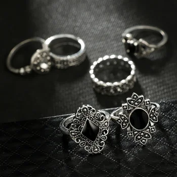 Valentino'day Mados Naujų Lady Retro Boho Stiliaus Tuščiaviduriai Saulėgrąžų Geometrijos Juoda Brangakmenio Žiedas Sidabro Gotikos Crystal Crown Žiedas