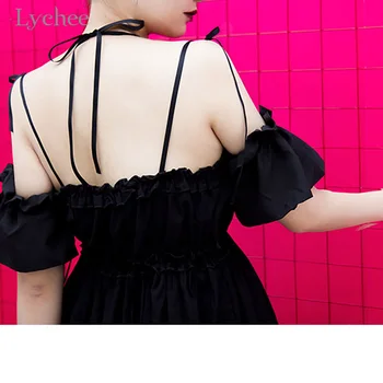 Ličiai Harajuku Didelis Sūpynės V-Kaklo Apynasrio Suknelė Trumpomis Rankovėmis Tamsiai Saldus Juoda Mini Suknelė Vasarą Moterys Vientisos Spalvos Suknelės