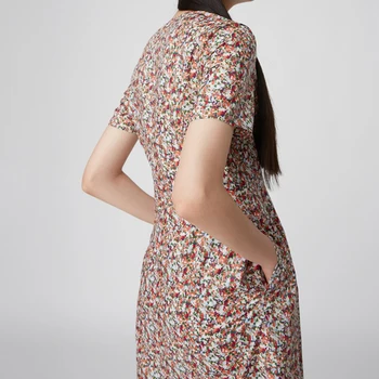 Moterų Atspausdinta Suknelės Mygtukai Trumpas Rankovės Medvilnės V-kaklo Naujus moteriškus Kelio ilgio Suknelė