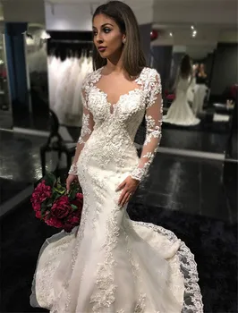 Vestido De Noiva 2019 Nėrinių Vestuvių Suknelės Undinė Brangioji Ilgomis Rankovėmis Appliques Saudo Arabų Vestuvių Suknelė Vestuvių Suknelės