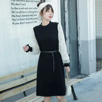Japonija Stiliaus Moterų Suknelė Pavasarį, Rudenį Naujų Korėjos Mados Atsitiktinis Palaidų Temperamentas Ju Siūlų Sujungimas Ilgomis Rankovėmis Apvalios Kaklo