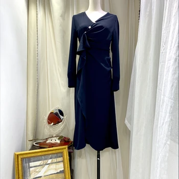 Naujas Elegantiškas Pynimas Suknelė Moterims Subtilus Diamond Mygtukai Šalis Suknelė Temperamentas Office Lady Ilgomis Rankovėmis Midi Suknelė Vestidos