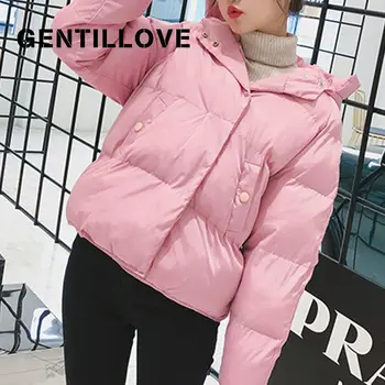 Gentillove 2019 Korėjos Stiliaus Moterų Žiemos Mados Šiltas Storas Kieta Trumpas Hoodied Kailis Moterų Užtrauktukas Parkas Medvilnės Outwear Striukė