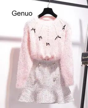 Rudenį, Žiemą Dviejų Dalių Komplektas Tracksuit Moterų Korėja Stiliaus Elegantiškas Duobute Megzti Megztinis+Aukšto Juosmens Tvido Undinė Sijonas Apranga