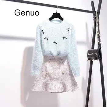 Rudenį, Žiemą Dviejų Dalių Komplektas Tracksuit Moterų Korėja Stiliaus Elegantiškas Duobute Megzti Megztinis+Aukšto Juosmens Tvido Undinė Sijonas Apranga