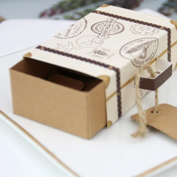 50pcs Mini Lagamino Formos Saldainių Dėžutė Derliaus Kraft Popieriaus su Žyma ir už kanapės Virves, Vestuvių, Kelionių Tematikos Šaliai Dekoro