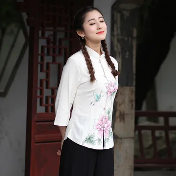 Naujas Baltos spalvos Medvilnės Skalbiniai, Mandarinų Apykaklės Marškinėliai Palaidinė kinijos Moters tradicinių viršūnes cheongsam viršuje La camisa de las mujeres
