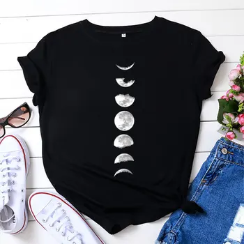 Medvilnė, Mėnulis, Planetos Spausdinti Kvėpuojantis moteriški marškinėliai trumpomis Rankovėmis Viršūnes Moterų Tee Vasaros Moterų marškinėliai Topai S-5XL