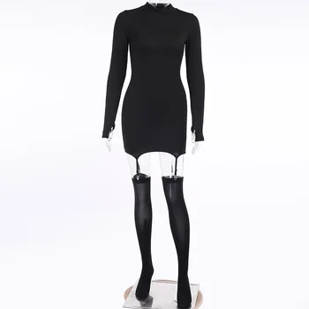 Ilgomis Rankovėmis su Kojinių Seksualių Moterų Suknelė O-kaklo Clubwear Rudenį Streetwear Bodycon Atsitiktinis Mini Suknelė