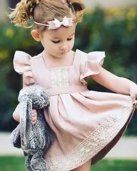 Ins Vasaros Nauja Mergina Suknelė Rožinės spalvos Nėrinių Rankovėmis Varpo Medvilnės Princess Mini Suknelė Vaikus, Drabužiai, 1-6Y EG003