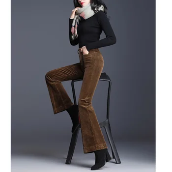 Žiemą, Rudenį paaukštintu liemeniu Moterų Mados Kelnės Slim Lieknėjimo Elegantiškas Moteris Velvetas Atsitiktinis Solid Color Flare Kelnės