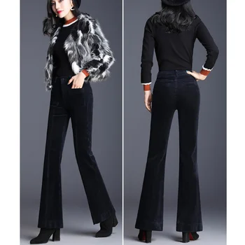 Žiemą, Rudenį paaukštintu liemeniu Moterų Mados Kelnės Slim Lieknėjimo Elegantiškas Moteris Velvetas Atsitiktinis Solid Color Flare Kelnės
