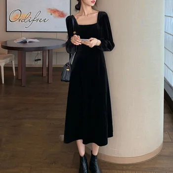 Ordifree 2021 M. Rudenį Moterys Juodo Aksomo Suknelė Ilgomis Rankovėmis Derliaus Kietas Elegantiška Panele Šalis Suknelė