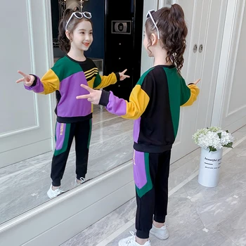 Vaikų drabužiai mergaitėms, drabužiai Rinkiniai 4-13 Metų amžiaus medvilnės Geometrinis susiuvimo didelis kišenėje megztinis kostiumas Vaikų Drabužiai