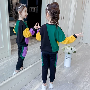 Vaikų drabužiai mergaitėms, drabužiai Rinkiniai 4-13 Metų amžiaus medvilnės Geometrinis susiuvimo didelis kišenėje megztinis kostiumas Vaikų Drabužiai
