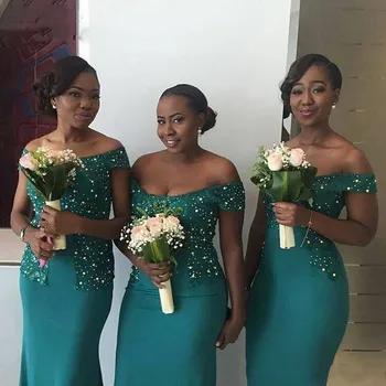 Afrikos Undinė Bridesmaid, Suknelės Nėriniai Appliques Off Peties Karoliukai Perlai Plius Dydis Vestuvių Svečių Suknelė Tarnaitė Garbės Chalatai