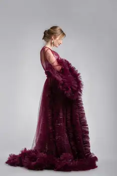 Bordo Nuotakos Sleepwear Užsakymą Trumpas Rankovės Tiulio Pynimas Nightgowns Elegantiškas Vakarėlis Chalatai
