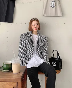 Vilnoniai Paltai Moterims Rudenį Išjunk Priežastinis Pledas Palaidinė Derliaus Ilgarankoviai Korėjos Stiliaus Prarasti Trumpas Moterų Mados Streatwear