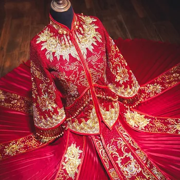 Aukštos Kokybės Siuvinėjimo Vestuvių Suknelė Kinų Stiliaus Santuokos Nustatyti Derliaus Cheongsam Nuotaka Kostiumas Rankų Darbo Karoliukai Nuotaka Dovana