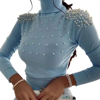 Elegantiškas Perlas Golfo Megzti Megztinis Autunm Žiemos Ilgomis Rankovėmis Megztinis Viršūnes 2021 Lady Office Kietas Slim Mados Megztiniai