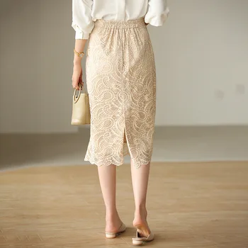 Juosmens padalinta tuščiaviduriai aukštos nėrinių sijonas moterų 2020 m. Rudenį naujų vidutinio ilgio klubo sijonas