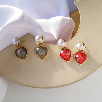 Mados širdies dervos auskarai moteris, Metalo, aukso raudona širdis stud auskarai moterų Geometrinis turas pearl stud auskarai moterims