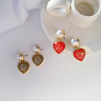 Mados širdies dervos auskarai moteris, Metalo, aukso raudona širdis stud auskarai moterų Geometrinis turas pearl stud auskarai moterims
