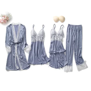 Rudenį Naujų Moterų Atlasas 5VNT Sleepwear Atsitiktinis Pižama naktiniai drabužiai Tiktų Šilkinis Chalatas Kimono Suknelė Intymus apatinis Trikotažas Nėrinių Homewear