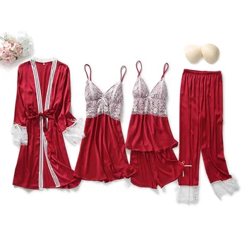 Rudenį Naujų Moterų Atlasas 5VNT Sleepwear Atsitiktinis Pižama naktiniai drabužiai Tiktų Šilkinis Chalatas Kimono Suknelė Intymus apatinis Trikotažas Nėrinių Homewear