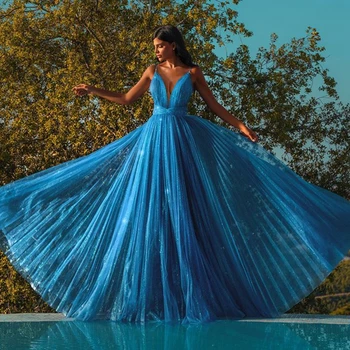 Ežero Mėlyna Vakaro Suknelės 2020 Spageti Dirželis Šifono Seksualus V-Kaklo, Moterims Oficialų Promenadzie Naktį Šalies Chalatai Grindų Ilgis