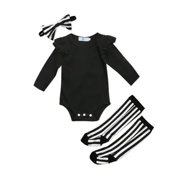 Bamblys Baby Girl Drabužiai Viršuje Romper+Dryžuotos Kojinės + Lankelis 3pcs Komplektus Nustatyti Dryžuotas mergaičių drabužiai nustatyti Atsitiktinis streetwear