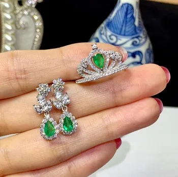 Elegantiškas puikus karūna Natūralus žaliasis Smaragdas, perlas juvelyrikos rinkiniai, natūralus akmuo žiedas, auskarai S925 sidabro Moterys šalis dovana, papuošalai