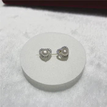 Populiarių Natūralių gėlavandenių baltųjų perlų AAA 5-6mm 925 sterlingas sidabro Geros kokybės cirkonis apdaila širdies auskarai dydis 12MM