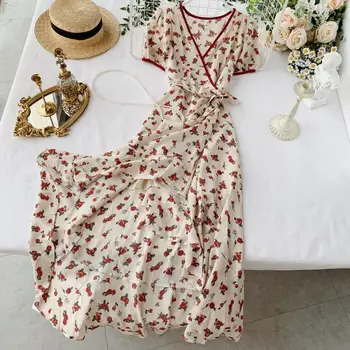 2019 naujas mados moterų suknelės prancūzijos Gėlių Vasaros Suknelė trumpomis Rankovėmis, Kaklaraištis, Nereguliarus Pynimas
