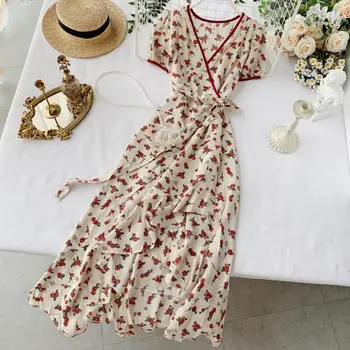 2019 naujas mados moterų suknelės prancūzijos Gėlių Vasaros Suknelė trumpomis Rankovėmis, Kaklaraištis, Nereguliarus Pynimas
