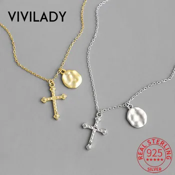 VIVILADY 925 Sterlingas Sidabro Geometrinis Kryžiaus Netaisyklingos Apvalios Tabaluoti Moterų Pakabukas Karoliai Elegantiškos Moters Clavicle Fine Jewelry