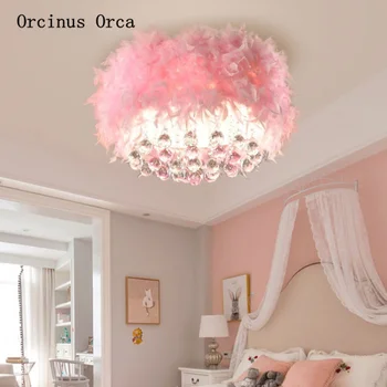 Šiaurės romantiška rožinė plunksnų lubų lempa Mergaitė Princesė Miegamasis kambarys lempos kūrybinė asmenybė kristalų LED lubų šviestuvas