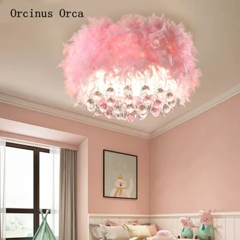 Šiaurės romantiška rožinė plunksnų lubų lempa Mergaitė Princesė Miegamasis kambarys lempos kūrybinė asmenybė kristalų LED lubų šviestuvas