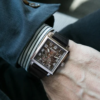 AGELOCER Šveicarijos Dizaino Safyras Tuščiaviduriai Graviravimas Juodos Odos Aikštėje Skeletas Mechaniniai Laikrodžiai Vyrams Prabangos Prekės Heren Horloge