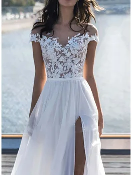 Seksualus Plyšio nuo Peties Iliuzija Vestuvių Suknelė 2021 Naujas Nėrinių Valtis Kaklo-line Su Traukiniu Elegantiškas Atgal Mygtuką Vestido De Noiva
