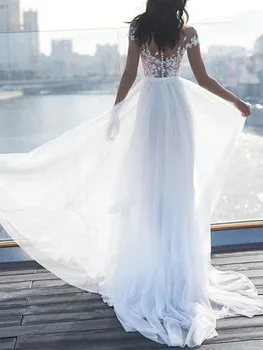 Seksualus Plyšio nuo Peties Iliuzija Vestuvių Suknelė 2021 Naujas Nėrinių Valtis Kaklo-line Su Traukiniu Elegantiškas Atgal Mygtuką Vestido De Noiva