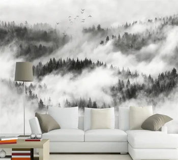 Pritaikyti 3D tapetai, freskos naujas Kinų stiliaus juoda ir balta kraštovaizdžio rūkas, miškų skrendančių paukščių fono TV
