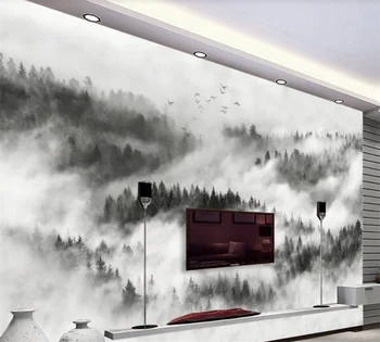 Pritaikyti 3D tapetai, freskos naujas Kinų stiliaus juoda ir balta kraštovaizdžio rūkas, miškų skrendančių paukščių fono TV