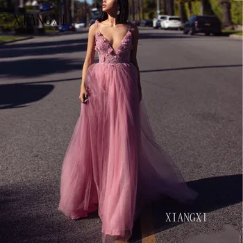 Rose Pink Prom Dresses 2020-Line Puošnios Gėlės Tiulio Ilgai Promenadzie Suknelė su V-kaklo Spagečiai Dirželiai vakarinę Suknelę Chalatas De Soiree