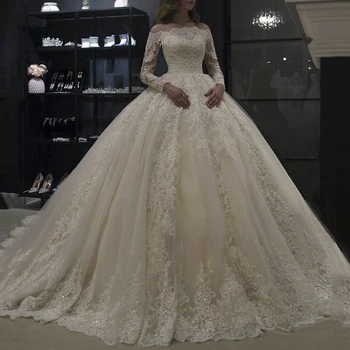 2019 prabangūs nėriniai appliques mariage vestuvių suknelė ilgomis rankovėmis mygtuką atgal dizaino kamuolys suknelė nuotakos suknelė chalatas de mariee