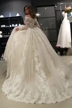 2019 prabangūs nėriniai appliques mariage vestuvių suknelė ilgomis rankovėmis mygtuką atgal dizaino kamuolys suknelė nuotakos suknelė chalatas de mariee