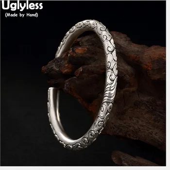 Uglyless Realių 999 Visiškai Sidabro Genties Totemas Modelius Atidaryti Bangles Moterų Etninės Fine Jewelry Išraižytas Rankų darbo Apyrankės