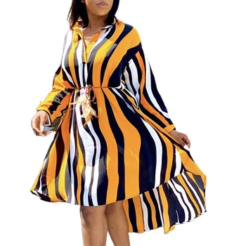 2020 M. Pavasarį Geltonas Dryžuotas Marškinėliai Suknelė Moterims Asimetrinė Dizaineris Afrikos Mados Ilgai Hem Nėrinių Office 